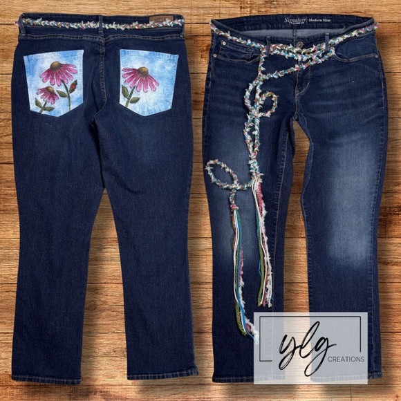 Levi's Signature Jeans Hand Painted Pink Daisy Flower Braided Belt Women's 14S - Picture 1 of 13